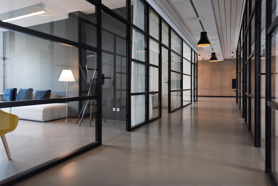 An empty, freshly cleaned commercial corridor with polished floors